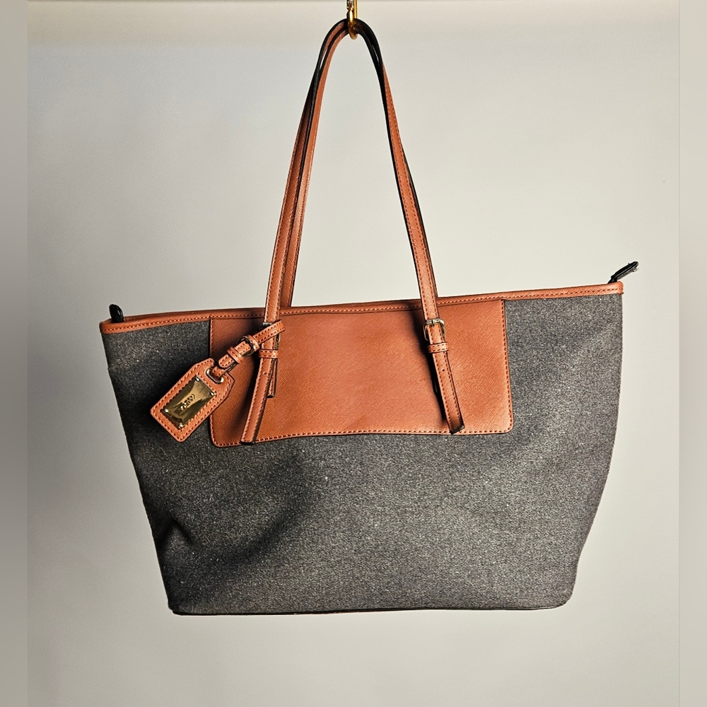 Aldo Tote Bag Flat Bottom Dark Gray & Cognac